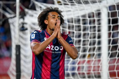 Bologna 'nın Joshua Zirkzee portresi İtalyan futbolu Serie A karşılaşması sırasında Bologna FC ile Juventus FC (portreler arşivi) Bologna, İtalya' daki Renato Dall 'Ara stadyumunda tepki gösterdi, 30 Nisan 2023