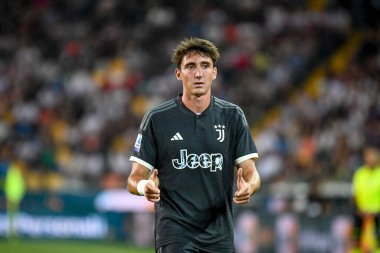 Juventus 'un Andrea Cambiaso portresi Udinese Calcio ile Juventus FC maçında Udine, İtalya' da Dacia Arena Stadyumu 'nda 20 Ağustos 2023' te oynanan karşılaşmada tepki gösterdi.