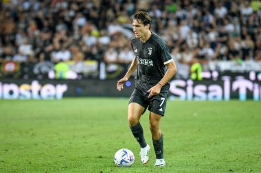 Juventus 'un Federico Chiesa portresi İtalyan futbolu Serie A maçında Udinese Calcio ile Juventus FC maçında Udine, İtalya' da Dacia Arena Stadyumu 'nda 20 Ağustos 2023