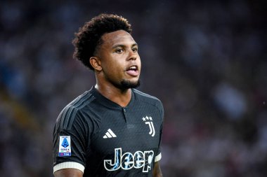 İtalya Serie A maçında Juventus 'un Weston McKennie portresi Udinese Calcio' ya karşı Juventus FC maçı Udine, İtalya 'da Dacia Arena Stadyumu, 20 Ağustos 2023