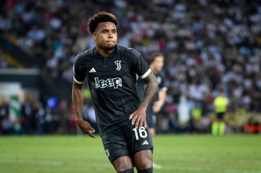 İtalya Serie A maçında Juventus 'un Weston McKennie portresi Udinese Calcio' ya karşı Juventus FC maçı Udine, İtalya 'da Dacia Arena Stadyumu, 20 Ağustos 2023