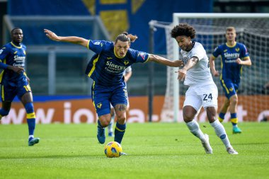 Verona 'dan Kevin Lasagna İtalyan Serie A maçında Napoli' den Jens Cajuste 'ye karşı mücadele ederken Hellas Verona FC ile SSC Napoli maçı Verona, İtalya' daki Marcantonio Bentegodi Stadyumu 'nda, 21 Ekim 2023