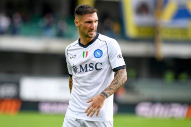 İtalyan futbolu Serie A maçında Napoli 'nin Matteo Politano portresi, 21 Ekim 2023' te İtalya 'nın Verona kentindeki Marcantonio Bentegodi stadyumunda Hellas Verona FC' ye karşı SSC Napoli (portre arşivleri) maçı.