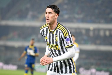 Juventus 'un Dusan Vlahoviç portresi İtalyan futbol takımı Serie A maçında Hellas Verona FC' ye karşı Juventus FC (portreler arşivi) maçında 17 Şubat 2024 Verona, İtalya 'daki Marcantonio Bentegodi Stadyumu' nda çekildi.