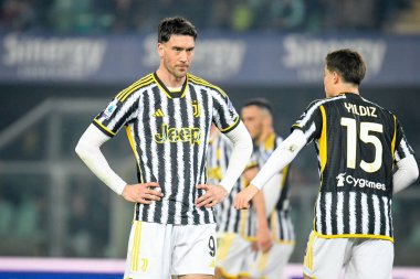 Juventus 'un Dusan Vlahoviç portresi İtalyan futbolu Serie A maçında Hellas Verona FC' ye karşı Juventus FC (portreler arşivi), Verona, İtalya 'da Marcantonio Bentegodi stadyumunda, 17 Şubat 2024 - Fotoğraf: Ettore Griffoni