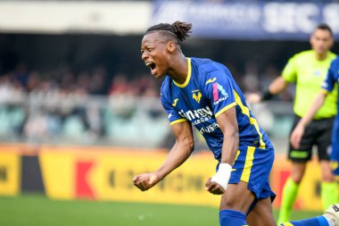 Verona 'dan Tijjani Noslin, 17 Mart 2024' te İtalya 'nın Verona kentinde oynanan Marcantonio Bentegodi Stadyumu' nda oynanan Hellas Verona FC ile AC Milan maçında gol attıktan sonra kutluyor.