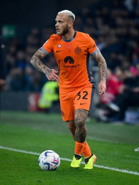 Inter 's Federico Dimarco İtalyan futbolu Serie A maçı sırasında Udinese Calcio - FC Internazionale at the Friuli - Dacia Arena stadyumu Udine, İtalya, 08 Nisan 2024 - Fotoğraf: Ettore Griffoni