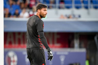 Milan 'ın Marco Sportiello portresi İtalya' nın Bologna kentinde 21 Ağustos 2023 'te oynanan Renato Dall' Ara stadyumunda oynanan Bologna FC maçında çekildi.