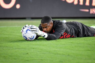 Milan 'ın Mike Maignan portresi İtalya' nın Bologna kentinde 21 Ağustos 2023 'te oynanan Renato Dall' Ara stadyumunda oynanan Bologna FC maçında çekildi.