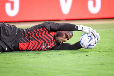 Milan 'ın Mike Maignan portresi İtalya' nın Bologna kentinde 21 Ağustos 2023 'te oynanan Renato Dall' Ara stadyumunda oynanan Bologna FC maçında çekildi.