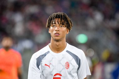 Milan 'ın Kevin Zeroli portresi İtalya' nın Bologna kentinde 21 Ağustos 2023 'te oynanan Renato Dall' Ara stadyumunda oynanan Bologna FC maçında çekildi.