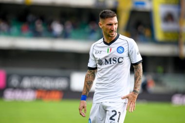 İtalyan futbolu Serie A maçında Napoli 'nin Matteo Politano portresi, 21 Ekim 2023' te İtalya 'nın Verona kentindeki Marcantonio Bentegodi stadyumunda Hellas Verona FC' ye karşı SSC Napoli (portreler arşivi) maçı.