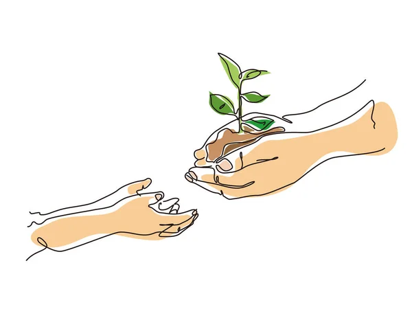 Skizze Lifestyle Hands Hold Plant Transfer Child Shows Concept Eco — Stockvektor