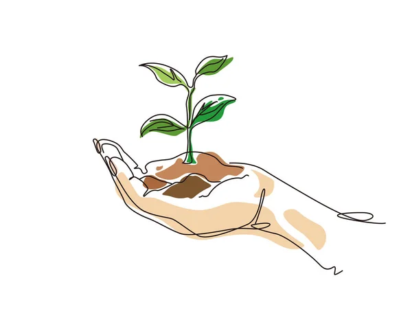 Sketch Lifestyle A017_Hands Hold Plant Side View Shows Concept Eco — Vettoriale Stock