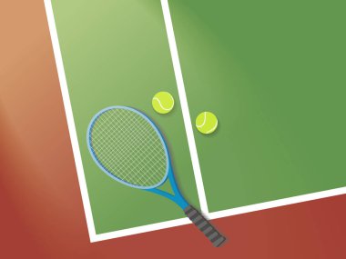 Günlük A013 tenis ve tenis kortu köşesi eğlenceli bir spor vektörü illüstrasyonunu gösteriyor.