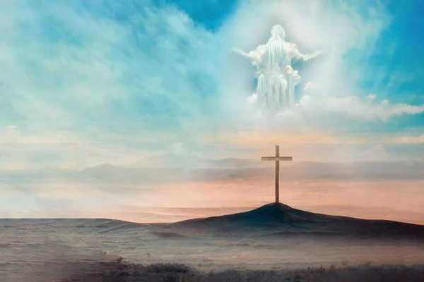 그리스도는 천상의 속에서 교차하는 그리스도의 귀환을 상징한다 예수의 칼라비 하늘을 — 스톡 사진
