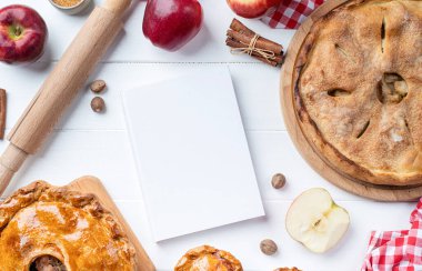 Blank Recipe Empty Cook Book Mockup with fruit and pies, mockup cooking book