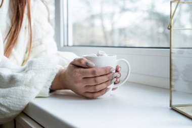 Merry Christmas and Happy New Year. Woman in warm white winter sweater sitting on the window at home at christmas eve holding cup with marshmallows, fir tree behind
