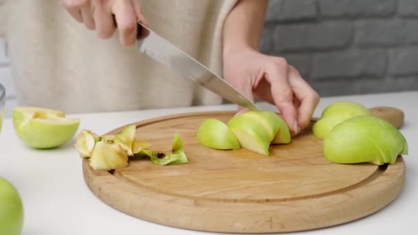 Woman Home Clothes Cutting Apples Cutting Board Kitchen Preparing Healthy — 图库视频影像