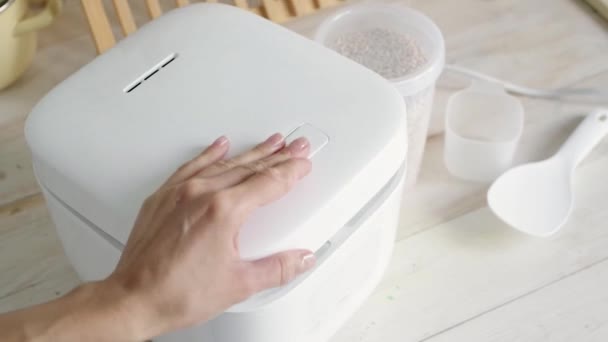 Electric Rice Cooker Granite Counter Top Ceramic Backsplash — Stock video