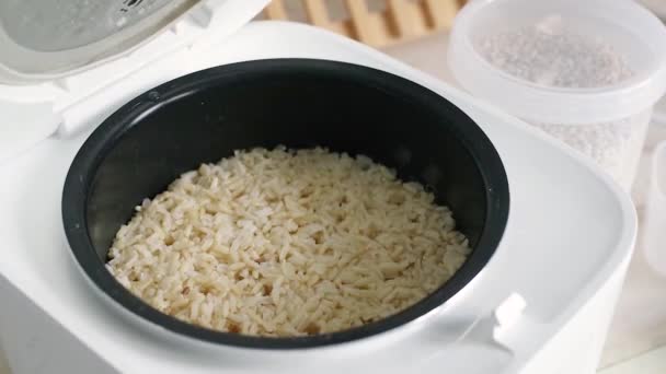 Hand Stirring Brown Rice Plastic Spoon Rice Cooker Bowl Freshly — Stockvideo