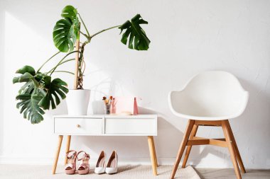 Stylish light room interior with elegant vanity table and monstera plants, beauty and fashion