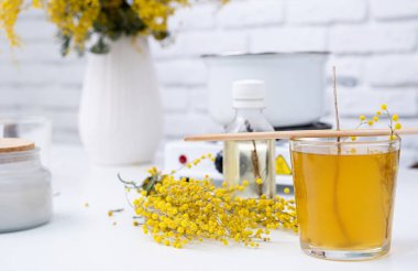 Creative hobby at home. making decorative aroma candle with mimosa flowers at table