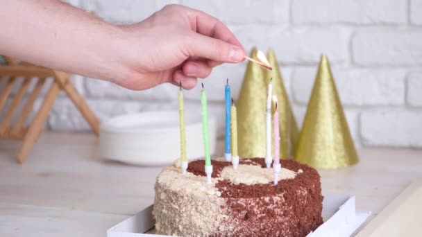 Holidays Celebration Man Hand Lighting Candles Birthday Cake Standing Kitchen — Stock Video
