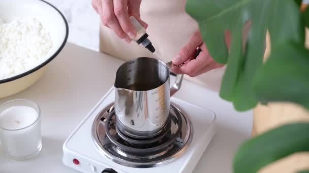 Creative Hobby Home Woman Making Decorative Aroma Candle Table Adding — Vídeos de Stock