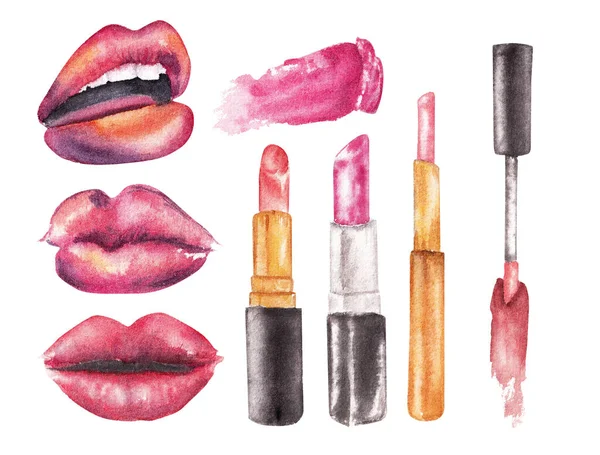 Multicolor liquid lipstick smudges isolated on white background. Lip gloss and lipstick smears. Makeup swatches. Cosmetic product strokes , watercolor