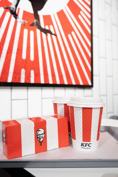 stock image Yerevan, Armenia - April 25, 2023: KFC fried chicken bucket and drinks, boxes and cups