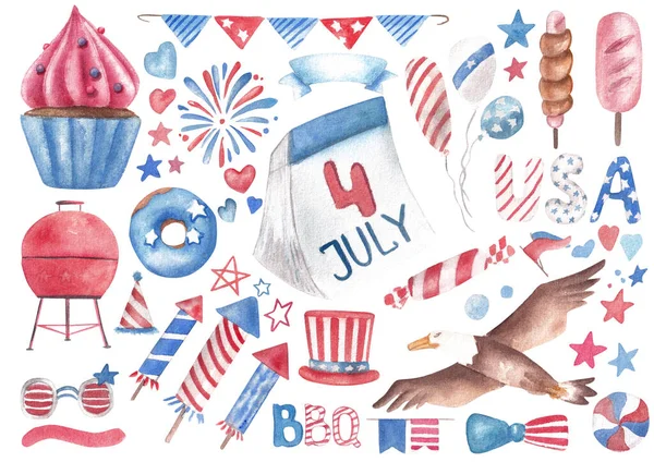 7月4日 アメリカ合衆国の独立記念日 白い背景に隔離された異なる休日のシンボルでお祝いの水彩画セット — ストック写真