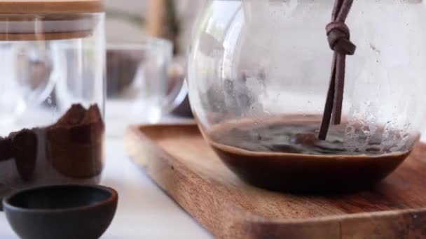 Man Prepares Coffee Style Pour Home Kitchen — Stock Video