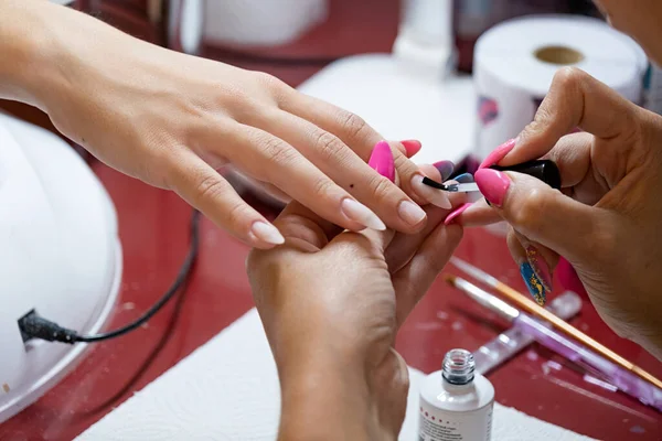 Crop Unrecognizable Manicurist Doing Nail Art Female Client Beauty Salon — Stock Photo, Image