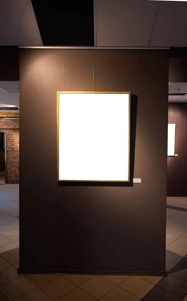 在棕色的墙上挂着空白的相框 画廊里点着发光的灯 模仿着 — 图库照片