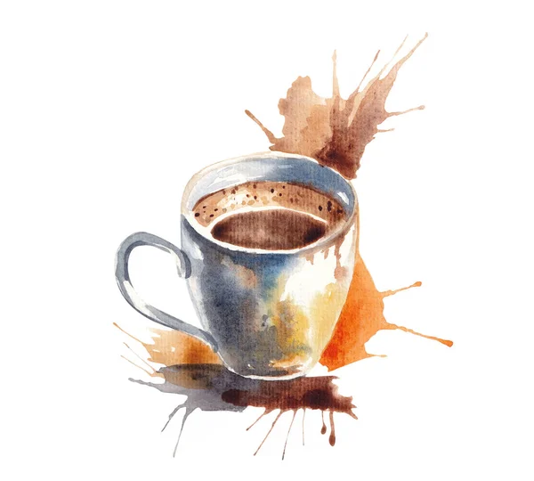 Hand watercolor Painted Cup of Coffee with abstract blobs isolated on white background with clipping path