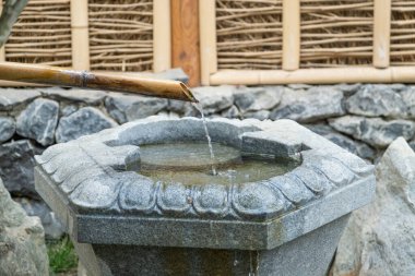 Kyoto, Japonya 'daki tapınakta temizlik için su kepçesi ve leğen.