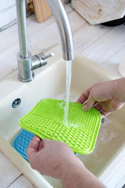 hands washing pet lick mat in kitchen sink . snack mat, licking mat for cats and dogs