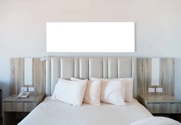Hotel room Interior with blank white frame for mockup design