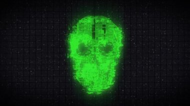 Human Skull on Digital Old TV Screen, Glitch Noise Pixel Interference Animation.