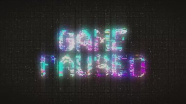 Retro GAME PAUSED text on old tv vhs glitch noise screen 
