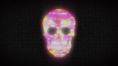 Human Skull on Digital Old TV Screen, Glitch Noise Pixel Interference