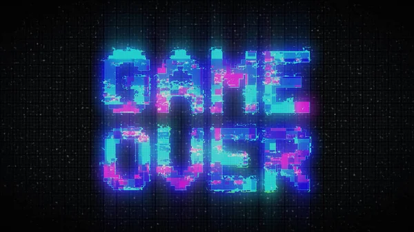 Retro video game screen with glitch. Game over with noisy distortion.