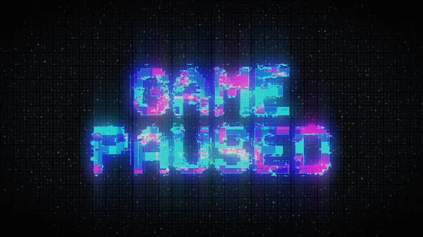 Retro GAME PAUSED text on old tv vhs glitch noise screen