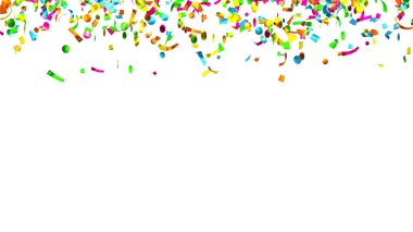 Beyaz Arkaplan 'a çok renkli konfeti düşmesi. Uçan Noel süsleri. 