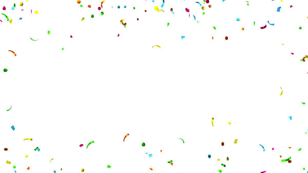 Падение разноцветных конфетти на белом фоне. Летающая праздничная мишура. 