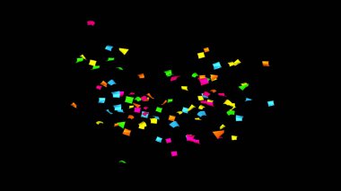 Çok renkli konfetilerin patlaması. Konfeti, siyah arka planda süsleme.
