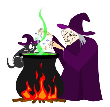 Cadılar Bayramı cadı kazanı. Kedi çizgi filmi ile vektör illüstrasyonu