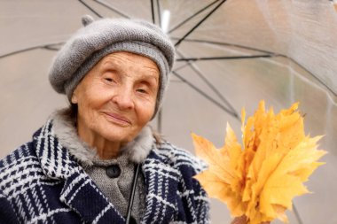 Şemsiyeli yaşlı bir kadının yakın plan portresi, elinde sarı sonbahar yapraklarından bir buket tutuyor ve kameraya bakıyor. Sıcak bir sonbahar havası ve derin bir bakış..