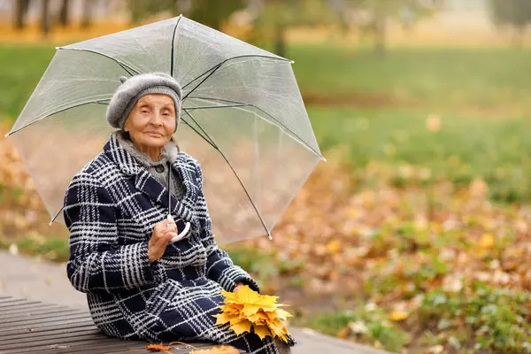 stock image An elderly woman in a gray coat and beret sits on a bench in autumn, holding a transparent umbrella and looking directly at the camera. Peaceful and warm autumn mood.